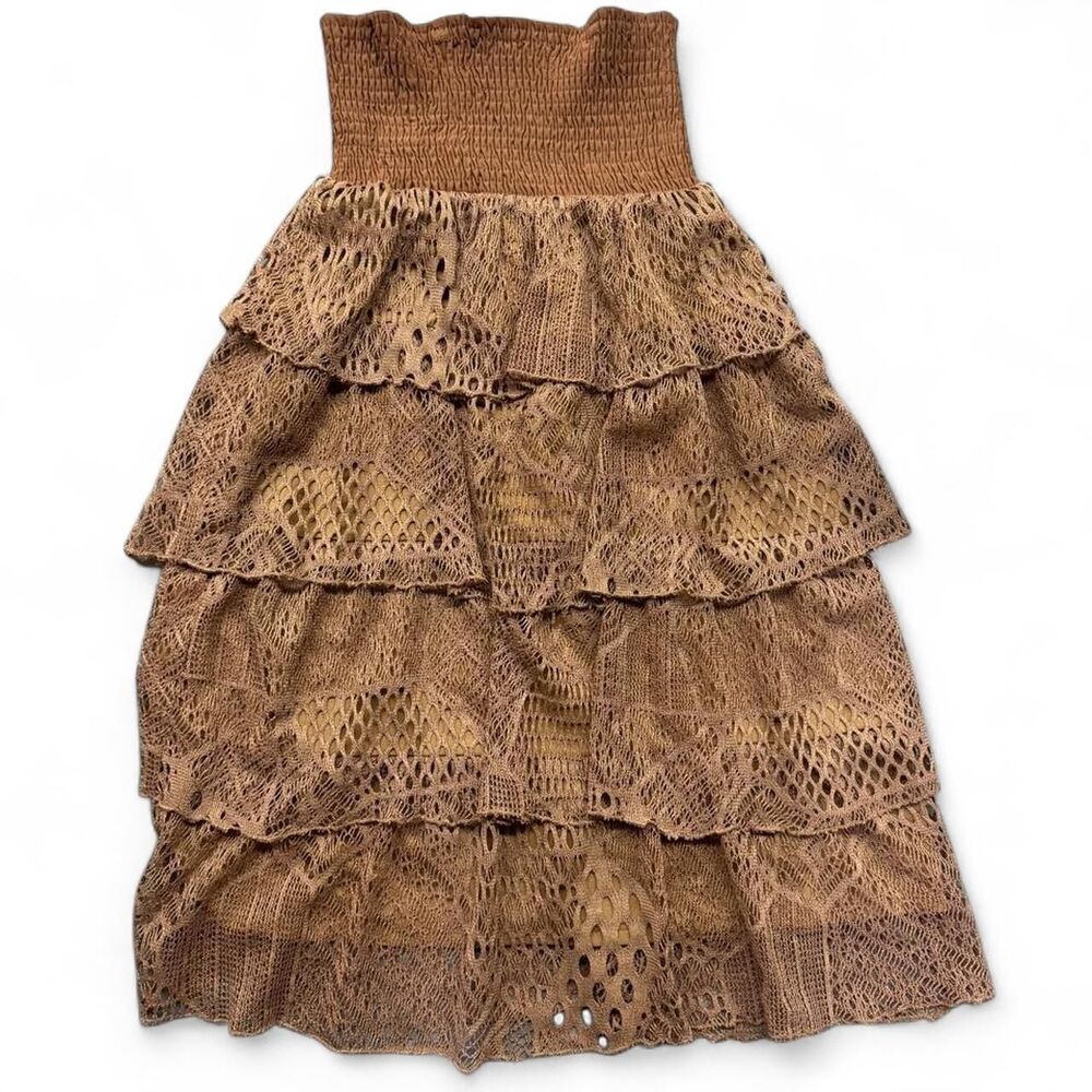 Solitaire Women's Brown and Tan Layered Crochet Lace Skirt